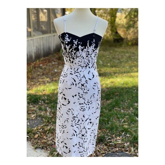 Vintage 1980s Wiggle Dress Set Bolero Black White Abstract New Wave Sz S Cotton - Picture 2 of 16